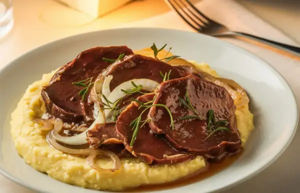 Fette di carne brasata su polenta cremosa, guarnite con cipolle caramellate e rosmarino. Un classico tra i piatti tipici veneti.
