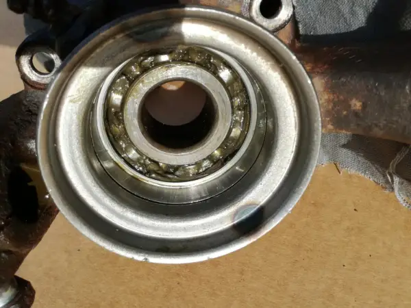 Close-up of a car wheel bearing with grease.