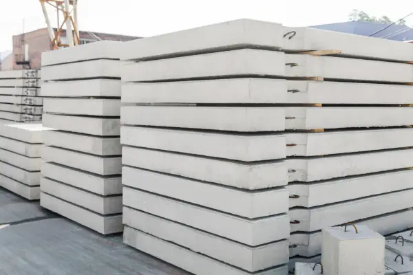Stos prefabrykatów betonowych, gotowych do budowy domu z prefabrykatów betonowych.