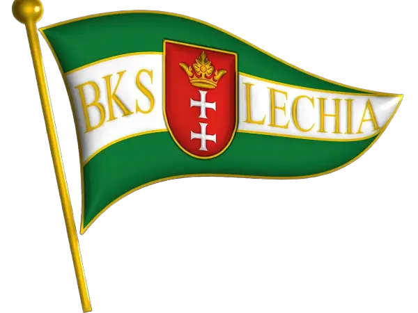 Flaga BKS Lechia Gdańsk z herbem i koroną. Symbol zgody i dumy kibiców.