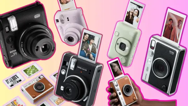 Kolekcja aparatów Instax, z których wychodzą zdjęcia, prezentuje radość natychmiastowej fotografii.