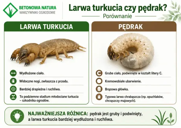 Porównanie larwy turkucia i pędraka. Turkuć ma wydłużone ciało i widoczne nogi, pędrak jest gruby, zwinięty w C.