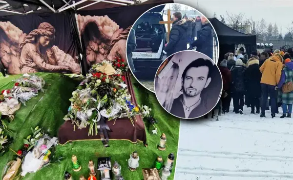 Uroczystość pogrzebowa Gabriela Seweryna. Wieniec, znicze i portret zmarłego. Tłum żałobników w zimowej scenerii.