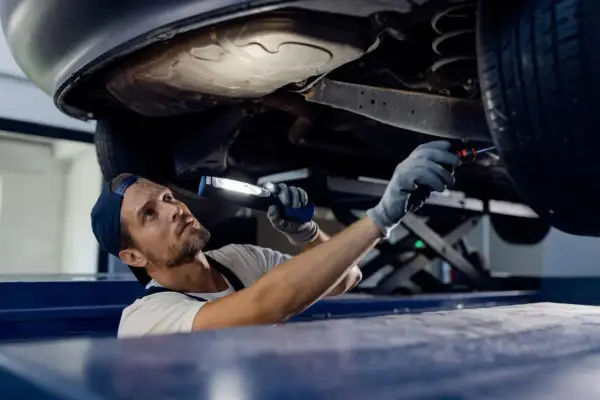 Mechanik z latarką bada podwozie auta. Sprawdza, czy potrzebna jest wymiana wahacza, cena usługi zależy od modelu.