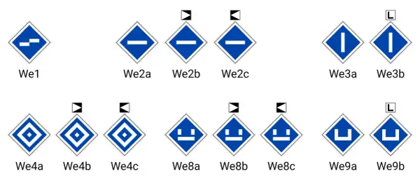 Kolejne znaki kolejowe: We1, We2a-c, We3a-b, We4a-c, We8a-c, We9a-b.