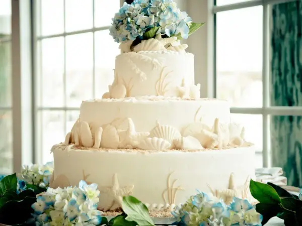 Piękny tort weselny na 50 osób, ozdobiony muszlami, rozgwiazdami i błękitnymi hortensjami. Idealny na przyjęcie w stylu plażowym.