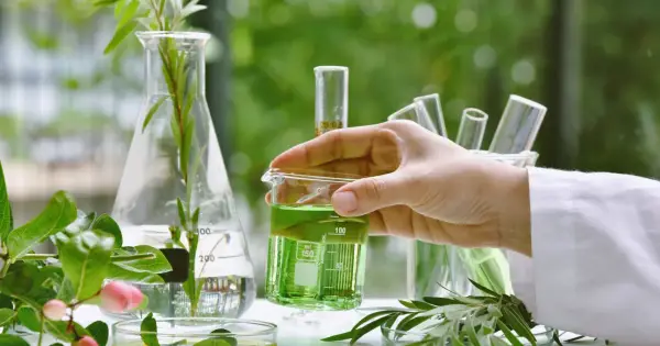 Badaczka analizuje zielony płyn w zlewce, badając naturalne składniki. To może być część procesu tworzenia produktów, o których przeczytasz w bingospa opinie.