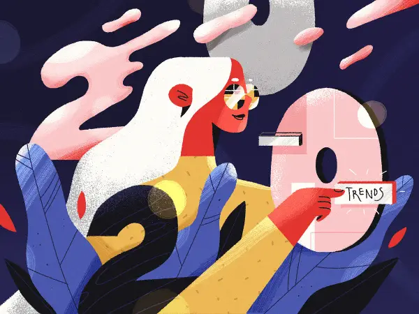 Vibrant art graphic design examples: a woman with white hair and sunglasses points to a pink circle with "TRENDS" written on it, surrounded by abstract shapes and foliage.