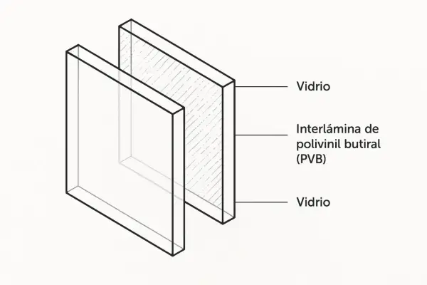 Corte transversal de vidrio laminado con interlámina de polivinil butiral (PVB).