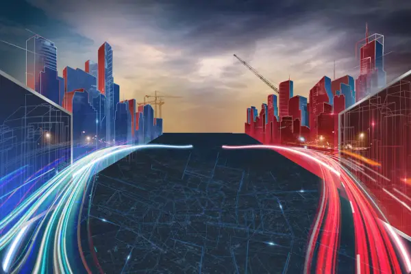 Futurystyczne miasto w budowie, z neonowymi światłami i liniami ruchu, jakby to była gra w budowę miasta.