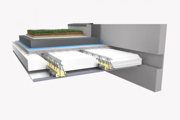 Coupe d'un toit végétalisé montrant des hourdis béton, des isolants et une structure métallique.
