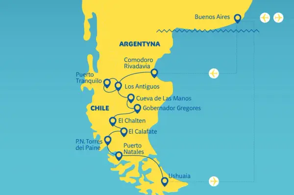 Mapa pokazuje, gdzie leży Argentyna, z zaznaczonymi miastami: Buenos Aires, Comodoro Rivadavia, Ushuaia i innymi.
