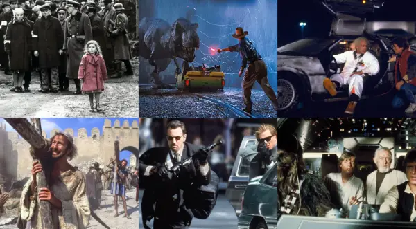 Kolaż scen z filmów: Schindler's List, Jurassic Park, Powrót do przyszłości, Pasja, Gorączka, Gwiezdne wojny. Filmy, które trzeba obejrzeć.