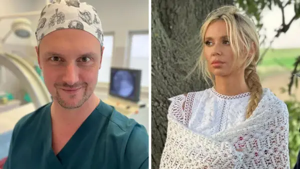Łukasz Grabarczyk i jego żona, piękna blondynka w białej koronkowej sukience, pozują do zdjęć.