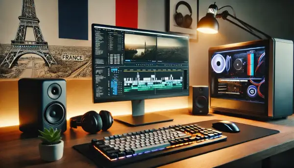 Bureau de montage vidéo ordinateur, avec écran affichant une timeline, tour PC lumineuse, enceintes, casque et clavier gaming.