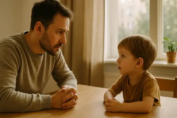 Ojciec poważnie rozmawia z synem przy stole. Chłopiec słucha uważnie, zastanawiając się, co to jest kłamstwo.