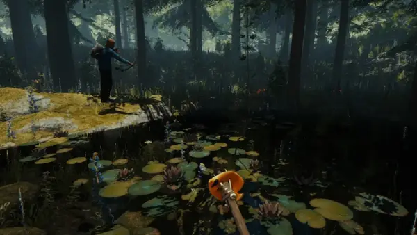 Postać z łukiem w lesie, gotowa do polowania. Klimat jak w najlepszych grach survival PC.