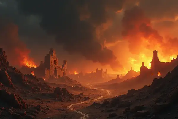 Ruiny miast płoną w ogniu, niebo zasnute dymem. Scena przypomina biblijną Sodomę i Gomorę, zniszczone przez gniew Boży.