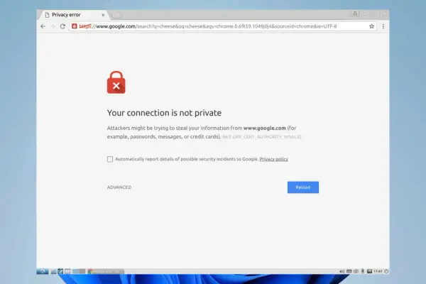 Chrome zeigt eine Datenschutzfehlermeldung: "Ihre Verbindung ist nicht privat" wegen eines err_ssl_version_or_cipher_mismatch.