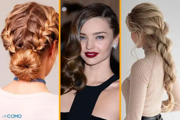Peinados fáciles pelo largo: moño trenzado, ondas glamurosas y trenza de espiga.