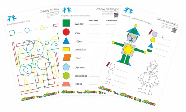 Kolorowe figury geometryczne na kartach pracy: kwadraty, koła, trójkąty, prostokąty, romby, pięciokąty, sześciokąty i trapezy.