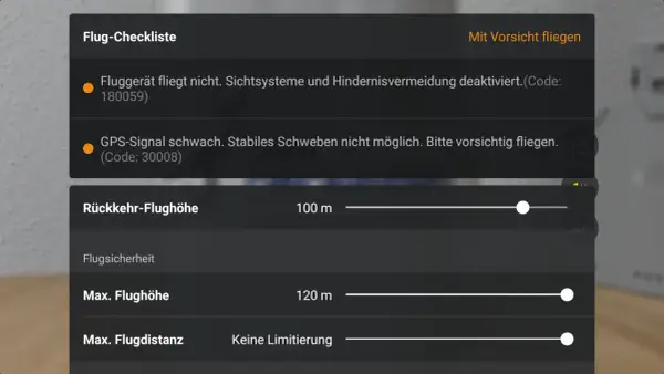 Flug-Checkliste in der DJI Fly App: Fluggerät fliegt nicht, GPS-Signal schwach. Bitte vorsichtig fliegen.
