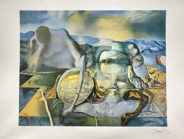 Tableau Salvador Dali : un homme pensif, un globe jaune, des formes molles et un paysage onirique.