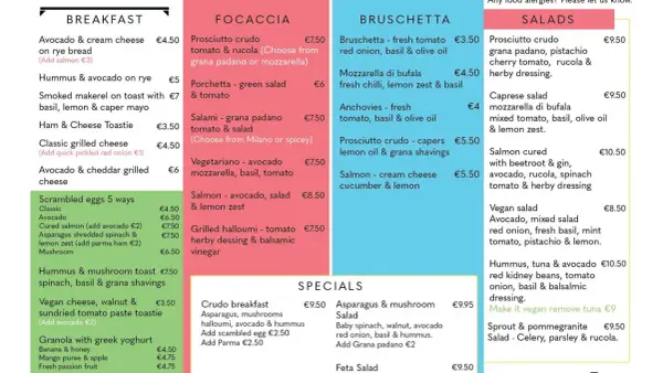 Menu z Maltą: śniadania, focaccie, bruschetty, sałatki i specjale. Ceny od €3.50.