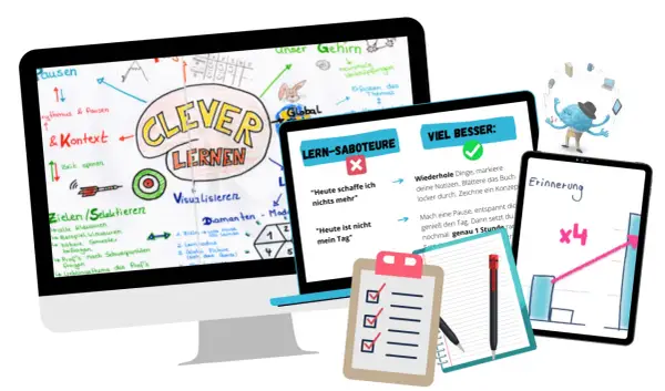 Eine digitale Präsentation für die Schule zeigt eine Mindmap zum Thema "Clever lernen", Tipps für besseres Lernen und eine Grafik zur Erinnerung.
