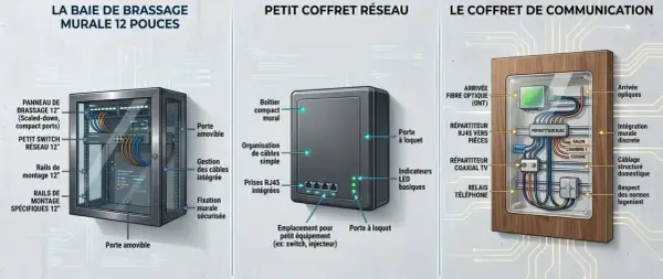 Illustration de trois solutions pour un réseau domestique : baie de brassage murale, petit coffret réseau et coffret de communication. Idéal pour organiser votre nas personnel.