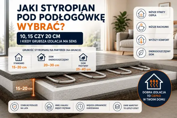 Przekrój podłogi z ogrzewaniem podłogowym, pokazujący różne grubości styropianu: 15-20 cm, 20-30 cm i 25-40 cm, dla domów standardowych, energooszczędnych i pasywnych.