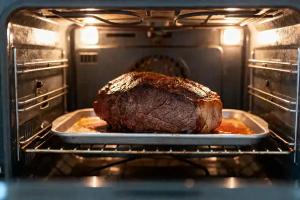 Gros rôti de bœuf doré sur une plaque, cuisant dans un four chaud. Le temps de cuisson rôti de bœuf au four est presque terminé.