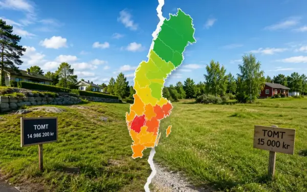 Två skyltar visar "TOMT" med olika priser. En färgad karta över Sverige delar bilden, med grönt i norr och rött i söder.
