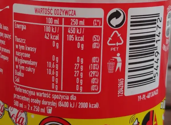 Etykieta napoju z informacją o wartościach odżywczych. Cola zero kalorie, bez cukru, idealna dla dbających o linię.