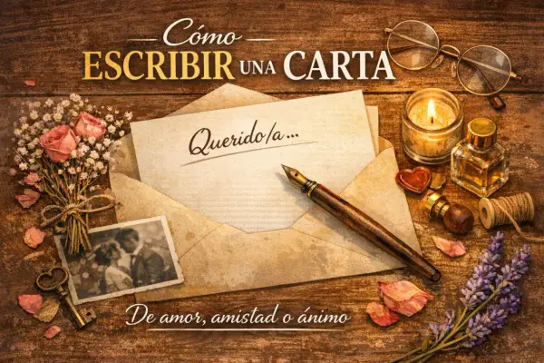 Cómo escribir una carta: un sobre abierto, pluma, tinta, vela, gafas y un ramo de rosas. Ideal para expresar amor, amistad o ánimo.