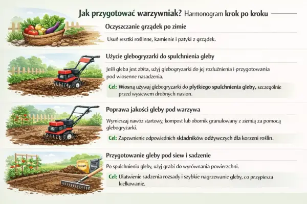 Glebogryzarka spulchnia i przygotowuje glebę pod wiosenne nasadzenia, ułatwiając siew i sadzenie.