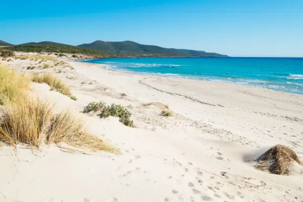 Spiaggia di Porto Pino con dune sabbiose e mare turchese sotto un cielo azzurro.