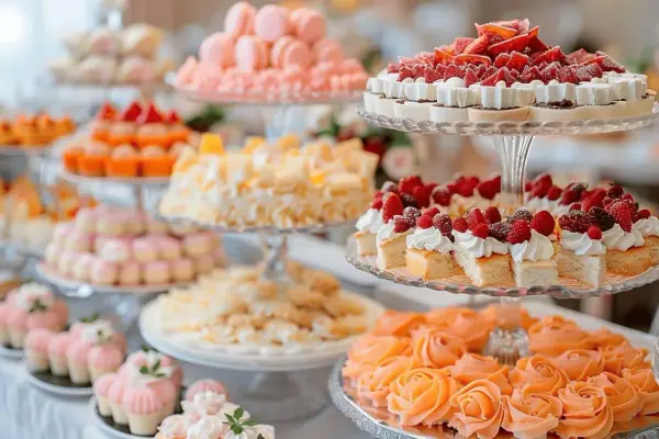 Un buffet de desserts colorés, une parfaite idée dessert mariage : macarons roses, gâteaux aux fruits rouges, et roses en crème d'orange.