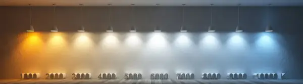 Lámparas colgantes iluminan una pared, mostrando una gama de temperaturas de color de cálido a frío, desde 1000K hasta 10000K.