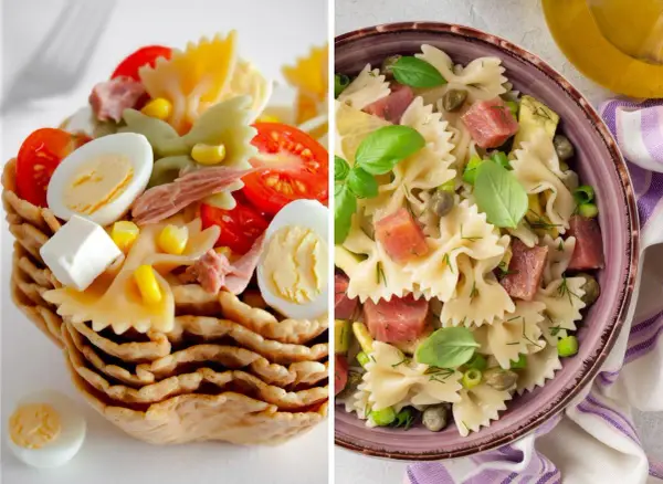 Dos ensaladas de pasta espectaculares: una en cesta crujiente con huevo y tomate, y otra en cuenco con atún, alcaparras y albahaca.