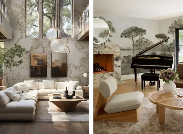Ett lyxigt vardagsrum med en stor soffa, konst och ett piano. Vacker tapet med naturmotiv.