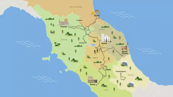 Mappa illustrata del Cammino di San Francesco, con le sue tappe principali da Rimini ad Assisi, Rieti e Roma, attraversando Toscana, Umbria e Marche.