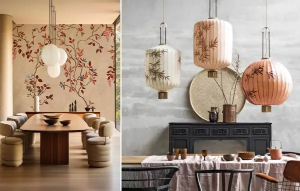 Décoration de salle à manger avec un motif chinois floral sur le mur de gauche et des lanternes décoratives de style asiatique à droite.