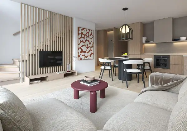 Nowoczesne wnętrze domu 70m2: salon z TV, jadalnia i kuchnia. Drewniane elementy, jasne kolory, minimalistyczny styl.