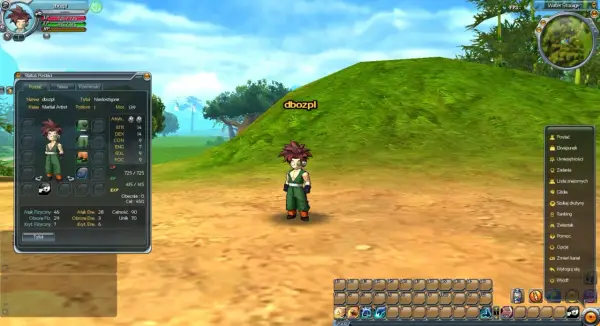 Postać z gry Dragon Ball Z Online, w zielonym stroju, z panelem statystyk postaci.