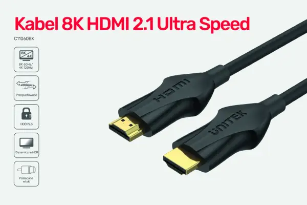 Kabel 8K HDMI 2.1 Ultra Speed z przepustowością 48 Gbps, obsługujący 8K 60Hz i 4K 120Hz.
