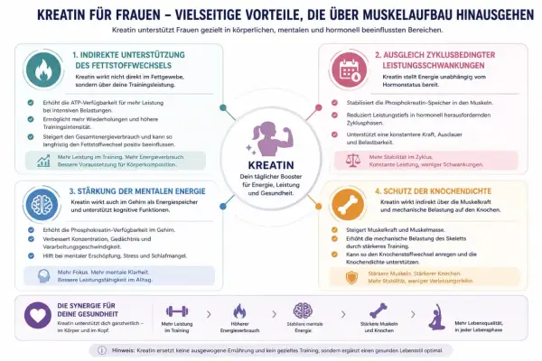 Kreatin ist gesund und unterstützt Frauen ganzheitlich: mehr Leistung, mentale Energie, Zyklusstabilität und Knochenschutz.