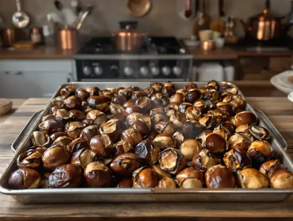 Plateau de châtaignes au four, dorées et craquelées, prêtes à être dégustées. L'odeur réconfortante emplit la cuisine.