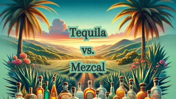 Sonnenuntergang in Mexiko: Palmen, Agavenfelder und Flaschen von Tequila vs. Mezcal.