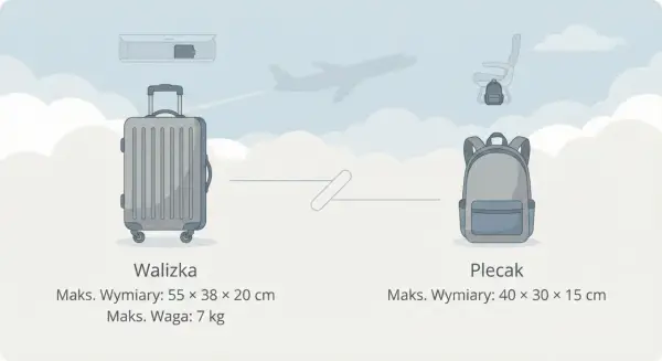 Porównanie walizki i plecaka jako bagażu podręcznego. Walizka: 55x38x20 cm, 7 kg. Plecak: 40x30x15 cm.